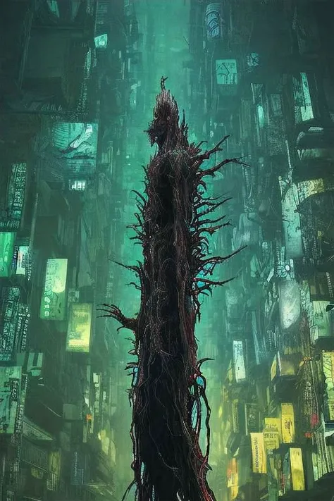 sharp neon, green veins everywhere, beksinski style, inverted cross, venom suit, connecting, realistic reflections, veins growing and pumping blood, eye blood, l from death note, sideview, spine halo, yellow plantes, rainbow veins everywhere, gothic art, peeled flesh, deep contrast, focus on the eyes, lightsaber, annoyed, blade runner, real face, detailed clothes features, detailed clothing, dusk, ocean, east asian architecture, sideboob, ganyu \genshin impact\