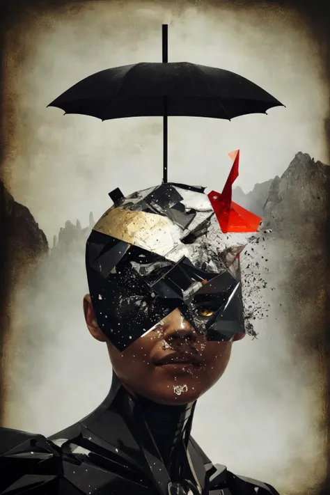 collage, broken umbrella, abstract art, fractural, spectris machina, garnet cleavage, photorealistic, obscure face, water drop on glass, best quality, masterpiece, humanoid <lyco:Collage:0.5>