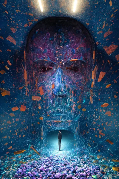 glowing man hide in the noise, abstract art, mineralogical fractal, wet petals, dark room, countless display, spectris machina, photorealistic surrealism collage, best quality, masterpiece