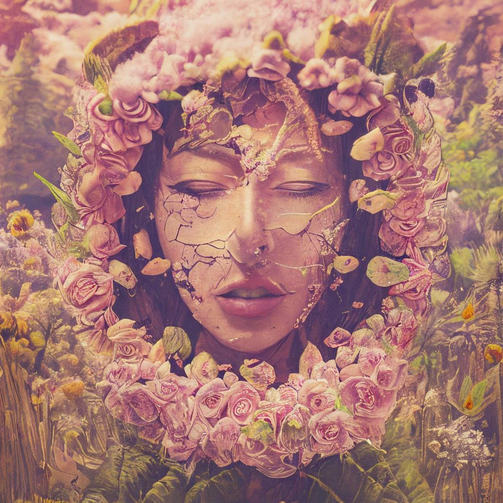 worn photo effect overlay, lomo film effects, film grain, 35mm film, warped fragmented, analog, a woman hide in the flowers, photorealistic surrealism graphic art, (soft-serve with cone:1.3), drastic neon pattern, crystalline confectionery, mineralogical drawing, wet petals, countless televisions, best quality, masterpiece