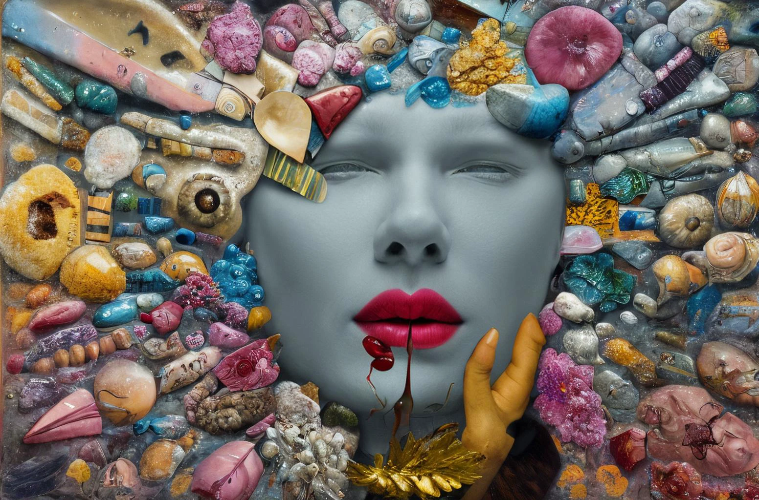 1 man, a face hide in the mist, photorealistic surrealism rene magritte, gaunt face, abstract collage, mineralogical fractal, wet petals, ice cream, , countless display, best quality, masterpiece