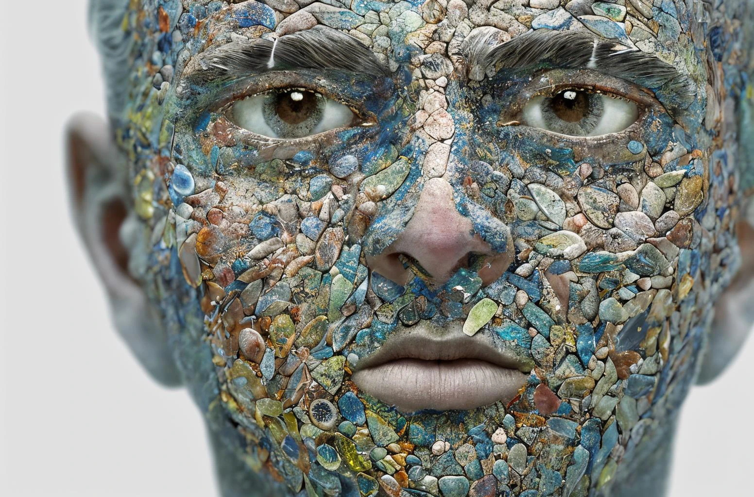 1 man, a face hide in the mist, photorealistic surrealism rene magritte, gaunt face, abstract pattern, mineralogical fractal, wet petals, ice, countless display, best quality, masterpiece