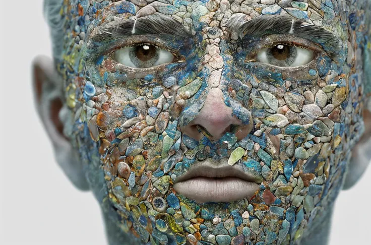 1 man, a face hide in the mist, photorealistic surrealism rene magritte, gaunt face, abstract pattern, mineralogical fractal, wet petals, ice, countless display, best quality, masterpiece