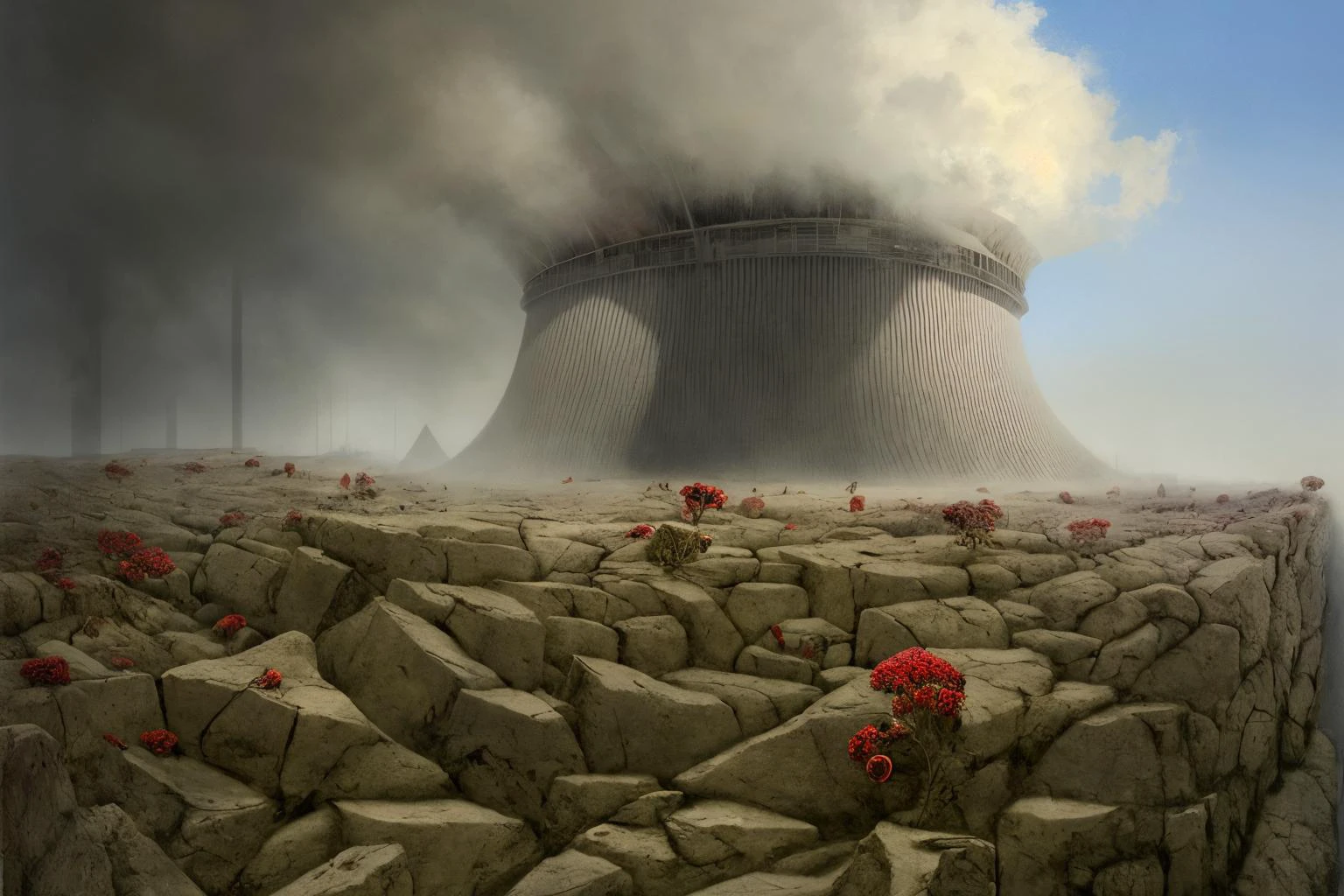 1 man, a face hide in the mist, photorealistic surrealism beksinski, gaunt face, abstract collage, mineralogical fractal, wet petals, cooling tower, countless display, best quality, masterpiece