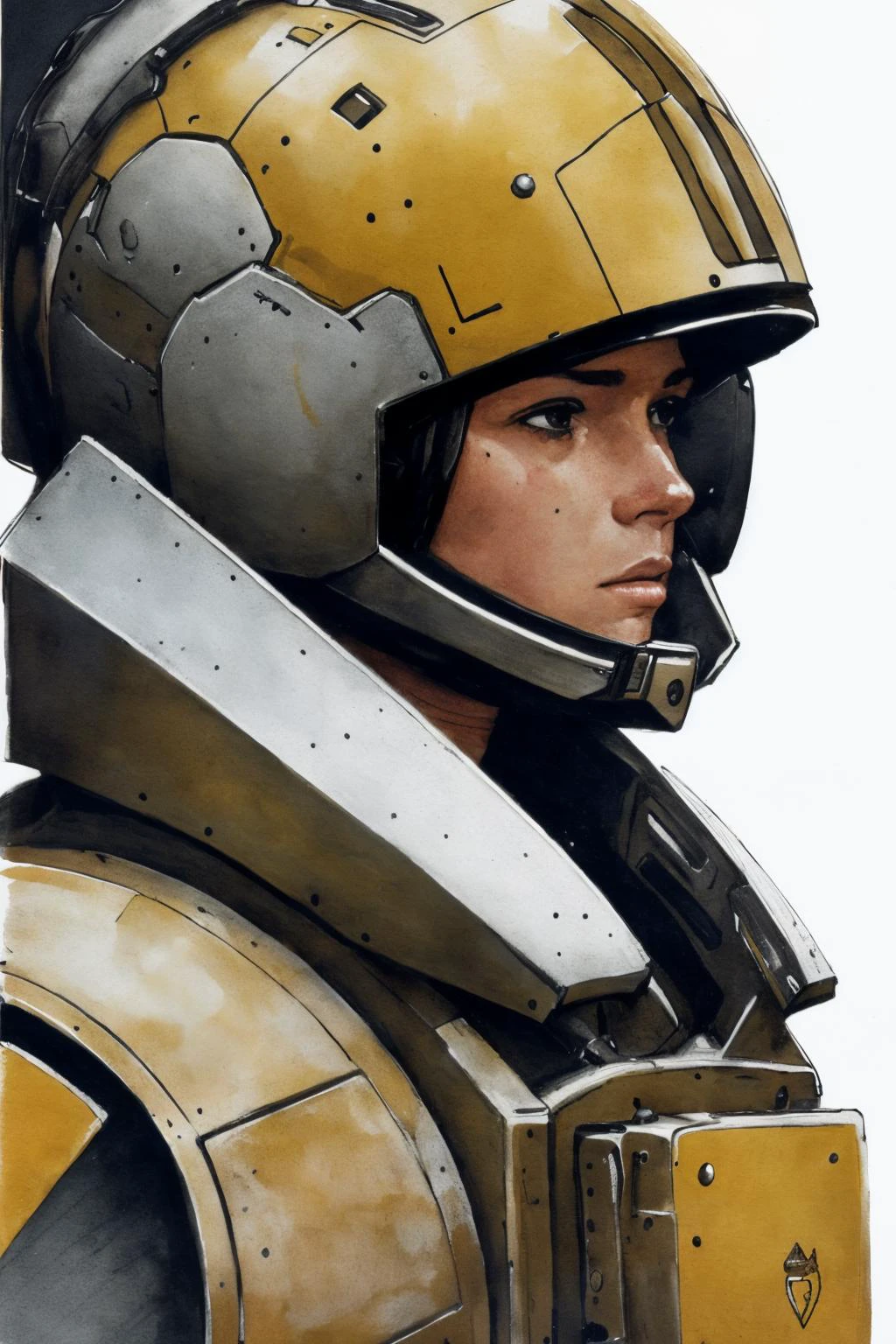 1 female soldier, armor up ,closeup
(Chris Foss, futuristic, ink sketch )