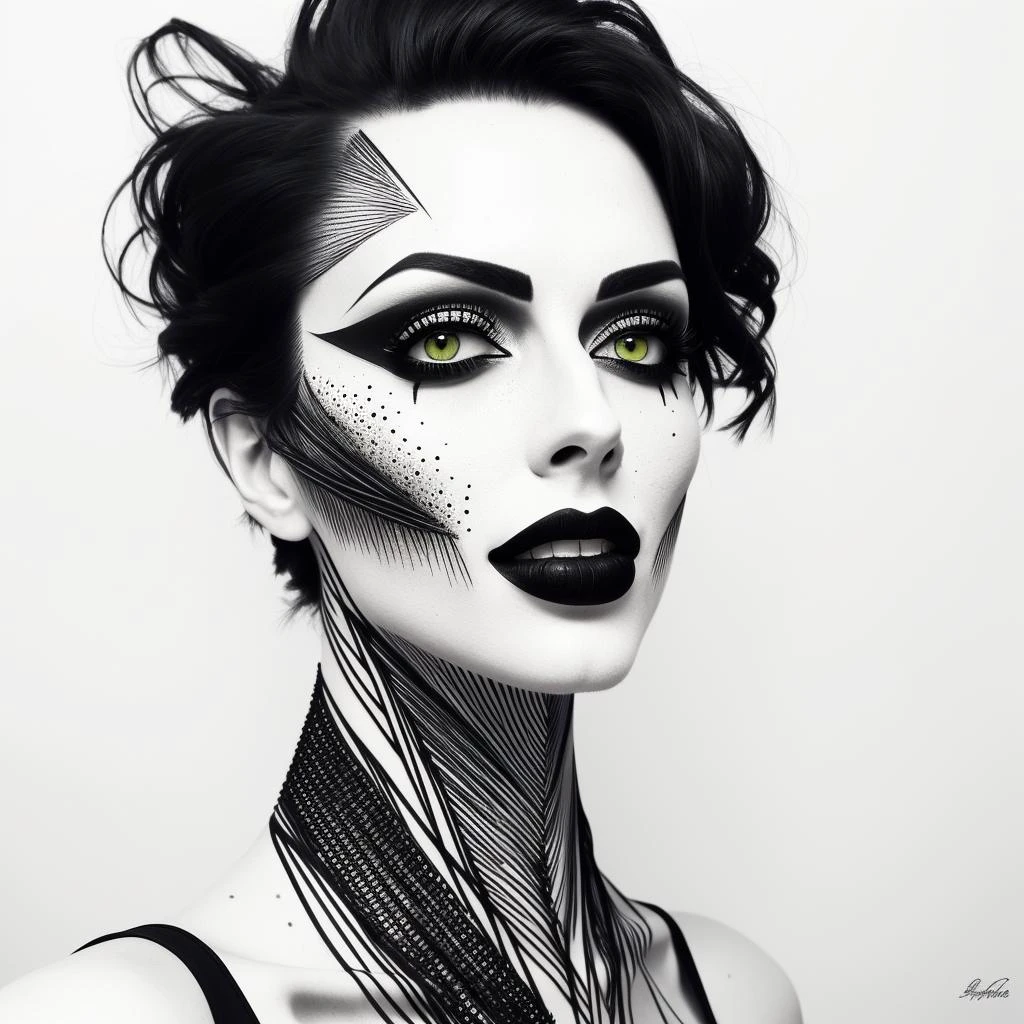 1girl, Adult, Mature Female, (Mature:1.3) Woman with short hair black hair green eyes smiling at camera and laughing, freckles, Asymmetrical,  Afterglow, black tank top, tight black pants, Laying on a white background, artist, artistic, painted into reality,  (Full Body:0.8), [Limited Palette::0.1],  (Masterpiece, Best Quality, Absurdres, Intricate Details), (Athletic, Muscular:0.15), heavy mascara, smoky eyes, looking at camera, lineart <lora:pen_sketch_v1.3_dim_16:0.6> pensketch, monochrome