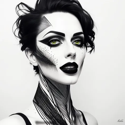1girl, Adult, Mature Female, (Mature:1.3) Woman with short hair black hair green eyes smiling at camera and laughing, freckles, Asymmetrical,  Afterglow, black tank top, tight black pants, Laying on a white background, artist, artistic, painted into reality,  (Full Body:0.8), [Limited Palette::0.1],  (Masterpiece, Best Quality, Absurdres, Intricate Details), (Athletic, Muscular:0.15), heavy mascara, smoky eyes, looking at camera, lineart <lora:pen_sketch_v1.3_dim_16:0.6> pensketch, monochrome