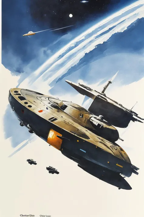 1 female soldier,  
 space, space ship 
(Chris Foss, futuristic, ink sketch  )