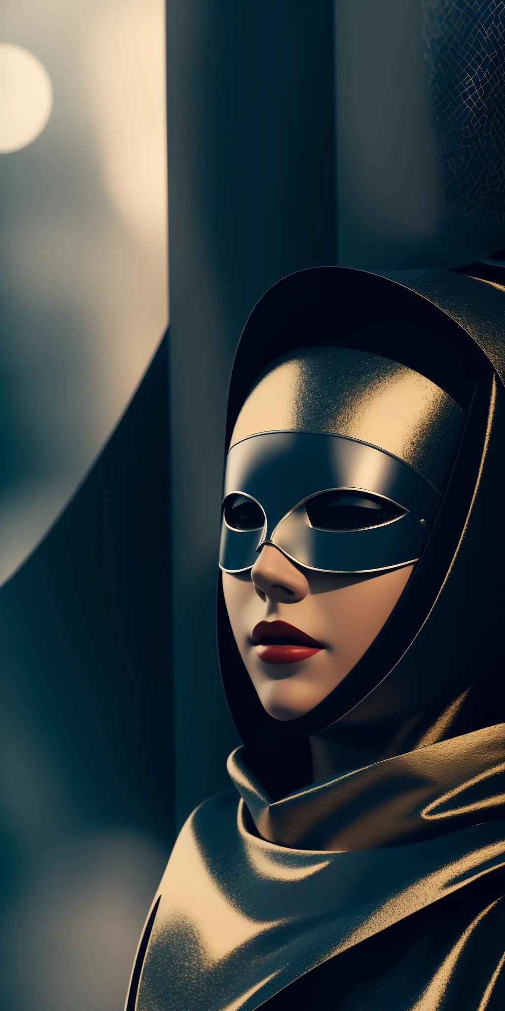 masked woman, (spectris machina), gloomy, aesthetic, ((masterpiece)), blur, film grain, edgy, atmospheric, hi res, artistic, professional, reflections, dramatic, 3D, illustration, official art, professional photo, cape, upwaist, fully clothed, silver