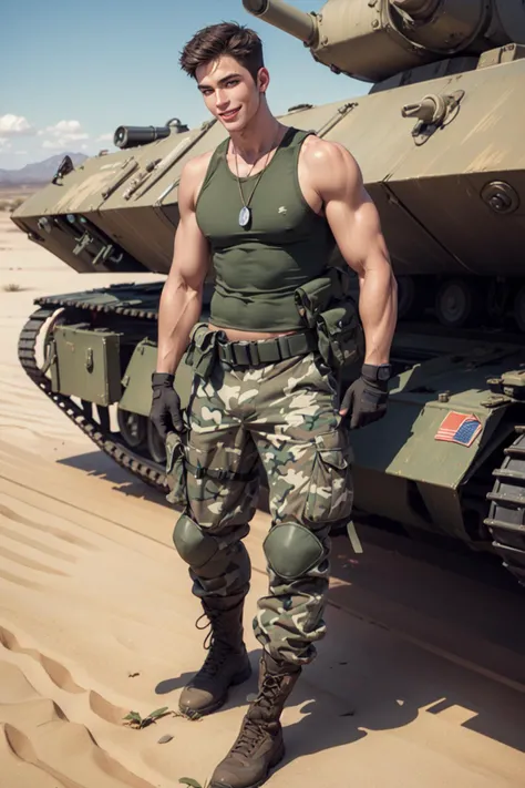 ((masterpiece)), ((best quality:1.2)), High Resolution, 8k, (ultra_realistic:1.3), (photorealistic:1.4), sharp focus, yaoi, 1boy, (perfect face), American soldier, caucasian, white man, handsome <lora:Clothing - Sexy Soldier_v1:0.8> sexysoldier, camouflage pants, tank top, dog tags, gloves, boots, ammunition belt, desert environment, grin