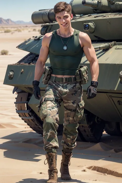 ((masterpiece)), ((best quality:1.2)), High Resolution, 8k, (ultra_realistic:1.3), (photorealistic:1.4), sharp focus, yaoi, 1boy, (perfect face), American soldier, caucasian, white man, handsome <lora:Clothing - Sexy Soldier_v1:0.8> sexysoldier, camouflage pants, tank top, dog tags, gloves, boots, ammunition belt, desert environment, grin