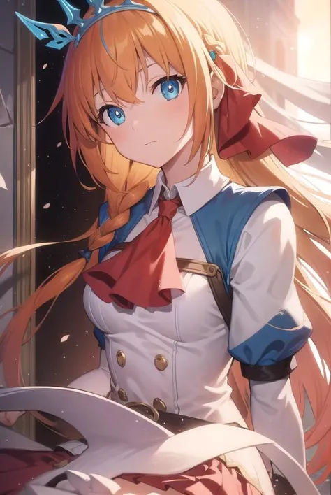 pecorine, <lyco:pecorine-lyco-nochekaiser:1>,
pecorine, blue eyes, hair ornament, long hair, orange hair, tiara, braid, hair braid,
BREAK arm belt, armor, ascot, blue socks, boots, dress, gloves, hair ornament, open clothes, open dress, pauldrons, pleated skirt, puffy short sleeves, puffy sleeves, red ascot, red skirt, short sleeves, shoulder armor, single pauldron, skirt, socks, white dress, white footwear, white gloves,
BREAK looking at viewer, full body,
BREAK outdoors,
BREAK <lyco:GoodHands-beta2:1>, (masterpiece:1.2), best quality, high resolution, unity 8k wallpaper, (illustration:0.8), (beautiful detailed eyes:1.6), extremely detailed face, perfect lighting, extremely detailed CG, (perfect hands, perfect anatomy),