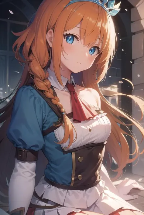 pecorine, <lyco:pecorine-lyco-nochekaiser:1>,
pecorine, blue eyes, hair ornament, long hair, orange hair, tiara, braid, hair braid,
BREAK arm belt, armor, ascot, blue socks, boots, dress, gloves, hair ornament, open clothes, open dress, pauldrons, pleated skirt, puffy short sleeves, puffy sleeves, red ascot, red skirt, short sleeves, shoulder armor, single pauldron, skirt, socks, white dress, white footwear, white gloves,
BREAK looking at viewer, full body,
BREAK outdoors,
BREAK <lyco:GoodHands-beta2:1>, (masterpiece:1.2), best quality, high resolution, unity 8k wallpaper, (illustration:0.8), (beautiful detailed eyes:1.6), extremely detailed face, perfect lighting, extremely detailed CG, (perfect hands, perfect anatomy),