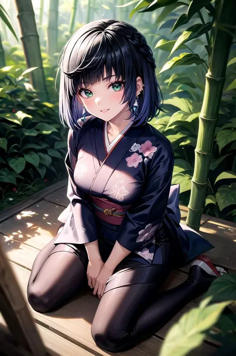 (masterpiece, best quality, detailed), 1girl, solo, looking at viewer, aayelan, short hair, bob cut, braid, green eyes, earrings,
yukata, kimono, obi, print kimono, japanese clothes, short kimono, outdoors, bamboo forest, nature, wariza, hand between legs, from above, smile, parted lips