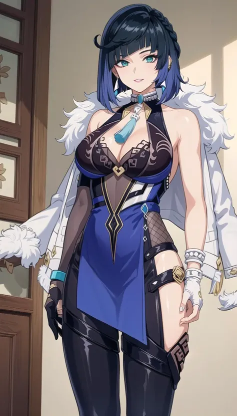 tmasterpiece,Best quality,extremely detaild CG unified 8k wallpapers, tmasterpiece, Best quality, CG, optics ,Raiden Mei (((Honkai Impact 3rd))),detail processing,((Purple pupil)),headgear, Purple long straight hair,((MILF,A mature woman)),Huge cleavage,Intimacies,eventide,Clear face,face expressionless,bangle,(( dark kimono)),full-body shot,High heels, black stockings