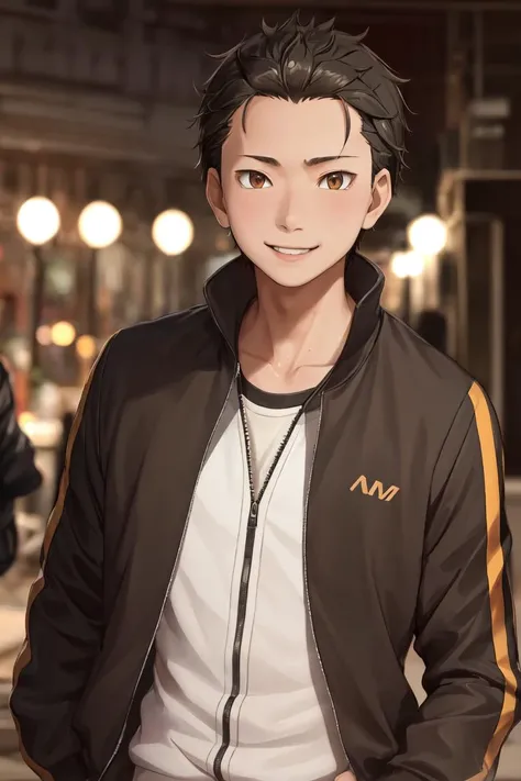 highres, sharp focus, pixiv masterpiece, ((intricate details)), highly detailed, natsuki_subaru, 1boy, brown eyes, jacket, upper body, black hair, smile, looking at viewer, track jacket, hair slicked back, <lora:Natsuki_Subaru_v1_1:0.8>