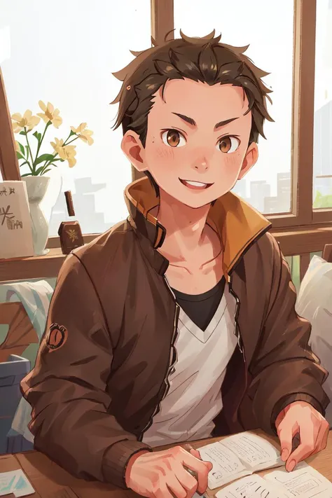 highres, sharp focus, pixiv masterpiece, ((intricate details)), highly detailed, natsuki_subaru, 1boy, brown eyes, jacket, upper body, black hair, smile, track jacket, hair slicked back, <lora:Natsuki_Subaru_v1_1:0.8>, <lora:COOLKIDS_MERGE_V2.5:1>
