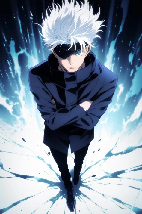 gojou satoru, 1boy, full body, white hair, blue eyes, looking at viewer, parted lips, high collar, looking at viewer, black pants, standing, closed mouth, facing viewer, short hair, high collar, shoes, black blindfold
<lora:Kim_gojou satoru:1>
