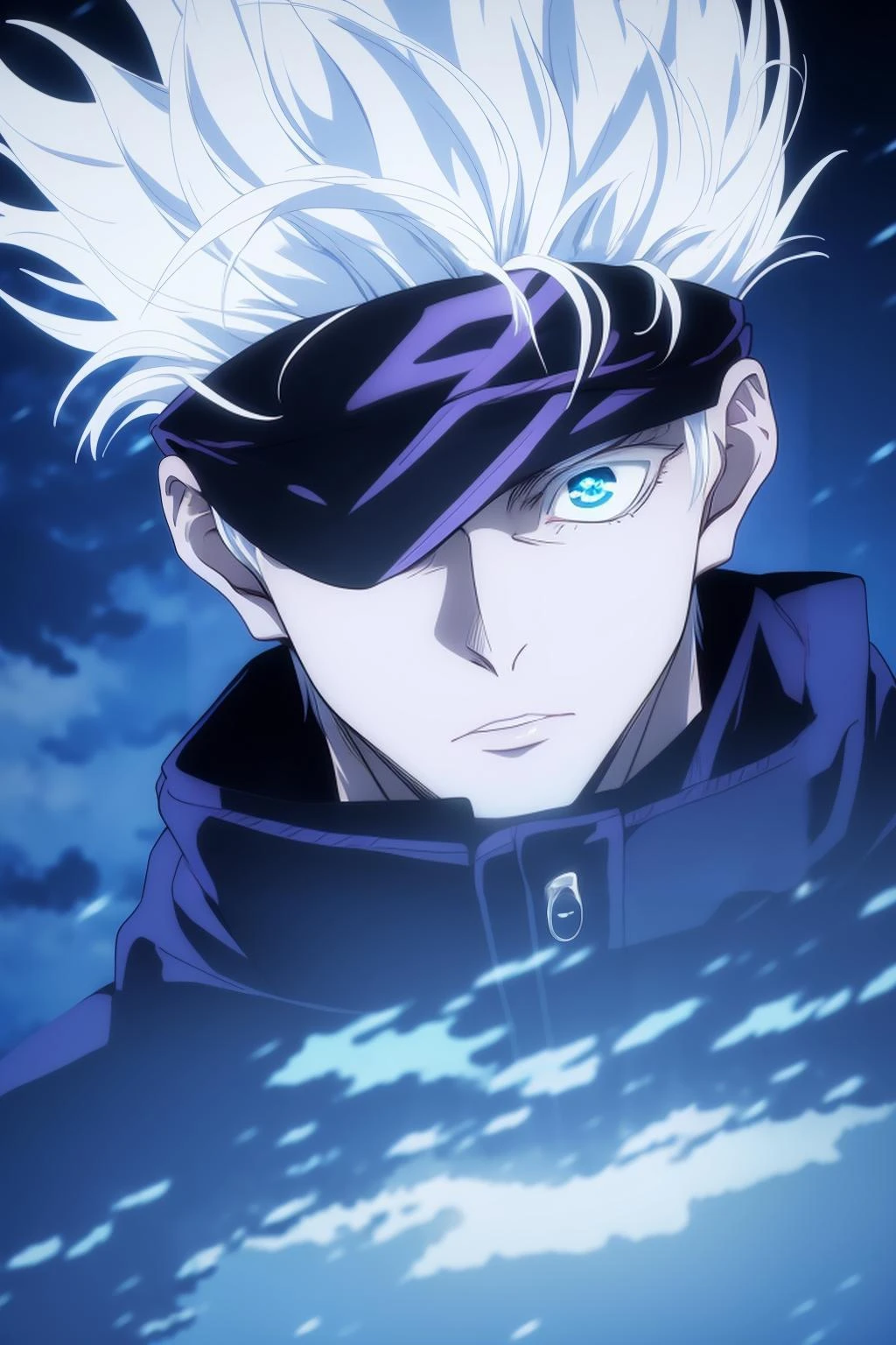 gojou satoru, 1boy, male focus, solo, full body, blue eyes, blindfold, white hair, night, one eye covered, parted lips, high collar, looking at viewer,
<lora:Kim_gojou satoru:1>