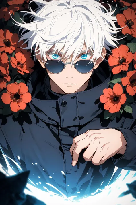 gojou satoru, 1boy, full body, white hair, blue eyes, looking at viewer,
high collar, hair between eyes, black jacket,short hair, bangs, white hair, red flowers, hair between eyes, colored eyelashes, black jacket, jacket, high collar, round sunglasses,
<lora:Kim_gojou satoru:0.8>