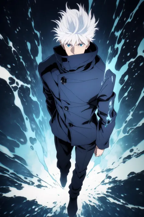 gojou satoru, 1boy, full body, white hair, blue eyes, looking at viewer,
high collar, hair between eyes, black jacket,
<lora:Kim_gojou satoru:0.9>