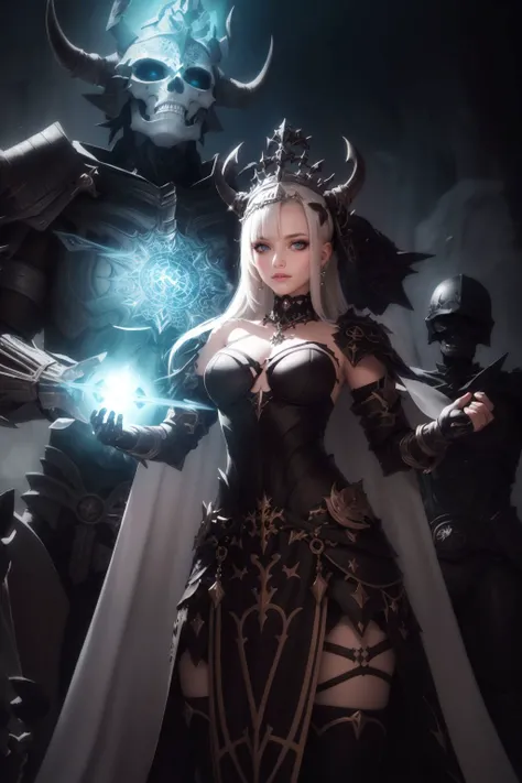 warrior queen, crown made out of skull bones, closeup shot, looking at viewer, (illustration), (masterpiece), (best quality), (detailed), Sokana, Go of cyberpunk, as she first revealed herself in the German Kingdom of the germany, ethereal and awe-inspiring, elements of nature and traditional german symbols, majestic posture, surrounded by skeletons and bones with skulls and gravel, vibrant color palette, lighting, high-resolution, capturing the divine presence and reverence of the goddess , War_Glam, epoxy_skull, <lora:epoxy_skull:1.4> <lora:epiNoiseoffset_v2:1> <lyco:GoodHands-beta2:1.0> <lora:war_glamv1.1:1>