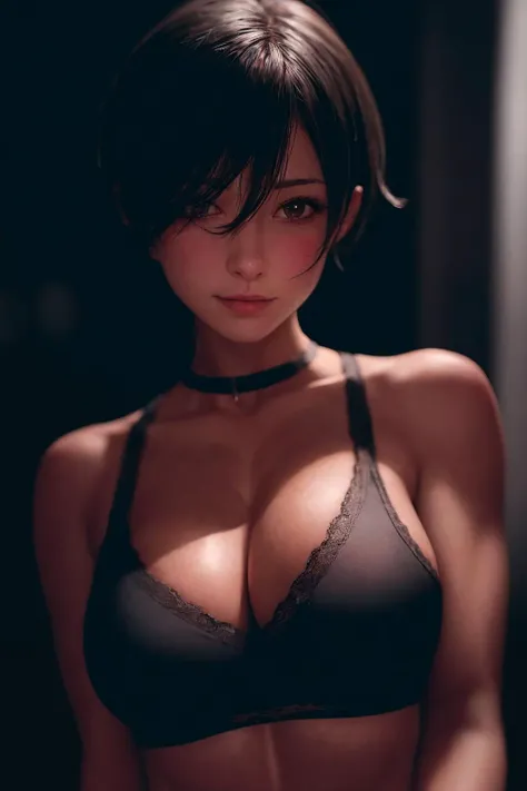 <lora:LowRA:1>, dark theme, absurdres, best quality, [1boy:1girl:0.2], tomboy, solo, very short hair, pixie cut, tan, (muscular:0.9), (large breasts:1), (medium breasts: 0.25), messy hair, night, aroused, lovestruck, looking at viewer, full-face blush