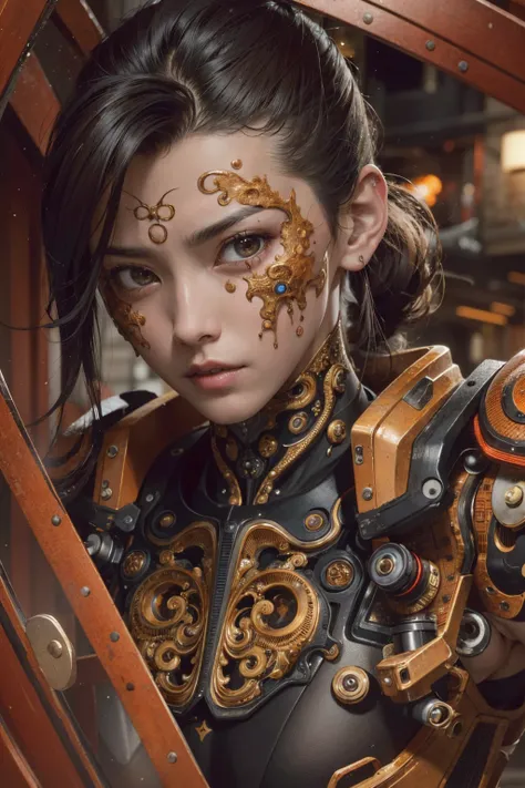 a close up symmetrical portrait of a cyberpunk gangster, biomechanical, mshn robot, splashes of orange red, hyper realistic, intricate design, (insanely detailed:1.4), (extremely fine details:1.35), Extremely sharp lines, steel, cinematic lighting, Photorealistic, a detailed painting by Ayami Kojima and Lilia Alvarado, (best quality, high quality, absurdres, intricate detail, masterpiece, cinematic), highly detailed, motion blur, film grain, noise, lens effects, <lora:epi_noiseoffset2:1.2>