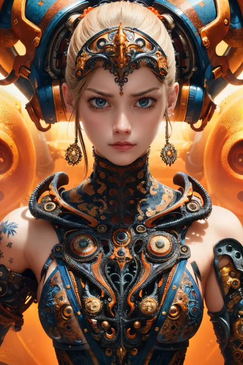 a close up symmetrical portrait of a cyberpunk gangster, biomechanical, orange and blue, robot, hyper realistic, intricate design, (insanely detailed:1.4), (extremely fine details:1.35), Extremely sharp lines, steel, cinematic lighting, Photorealistic, a detailed painting by Ayami Kojima and Lilia Alvarado, (best quality, high quality, absurdres, intricate detail, masterpiece, cinematic), highly detailed, motion blur, film grain, noise, lens effects, (((beautiful face, face detail, light rays, sun rays, studio lighting, angry, serious, bright eyes))), <lora:epi_noiseoffset2:1>