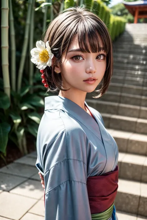 (masterpiece:1.2), photorealistic, best quality, beautiful lighting, real life, 1girl, natural makeup, walking on stairs, shire, temple, flowers, bamboo, flowerly yukata, lucky charm, traditional hair ornament, spring, ultra detailed face, ultra detailed eyes, perfect fingers, perfect nails, intricate, high detail, sharp focus, dramatic, beautiful girl, (RAW photo, 8k uhd, film grain), caustics, subsurface scattering, reflections, <lora:add_detail:1.2> <lora:japaneseDollLikeness_v10:0.10>