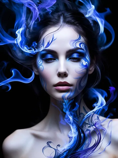 A majestic work of art, a woman, intricately detailed, with an intense, piercing gaze emanating from her singular, striking eye, set against a backdrop of ethereal, swirling blue smoke that appears to shift and undulate as if alive, illuminated by a cinematic lighting scheme that casts dramatic, high-contrast shadows and highlights, evoking a sense of mystery and the otherworldly, with each element expertly rendered in exquisite, high-definition detail, exuding a sense of artistic mastery and visual sophistication.