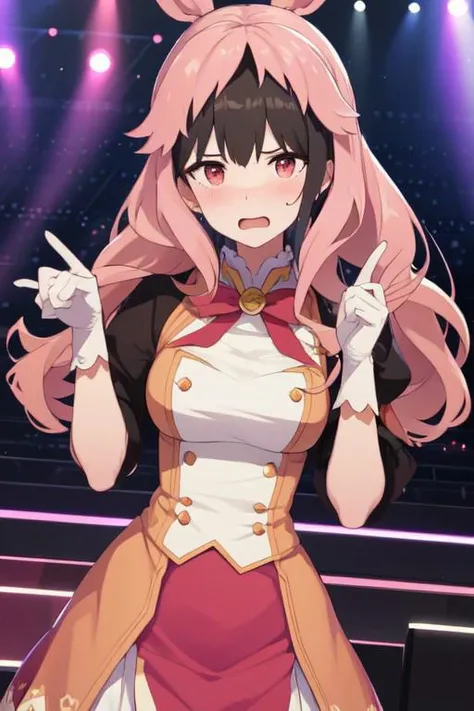 <lora:Hoshino Ai's Pose 2:0.9>, ai's pose, 1girl, solo, smile, open mouth, one eye closed, pointing, microphone, (masterpiece, best quality:1), simple background, <lora:yaemiko1-000008:0.7>, yaemikodef, purple eyes, sideboob, breast, star (symbol), symbol-shaped pupils