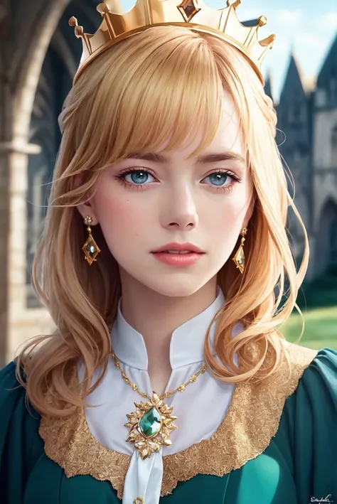 (extremely detailed CG unity 8k wallpaper), (photorealistic:1.4), blonde hair, emma stone, medieval queen, green vale, golden crown, diamonds, medieval architecture, portrait, dress