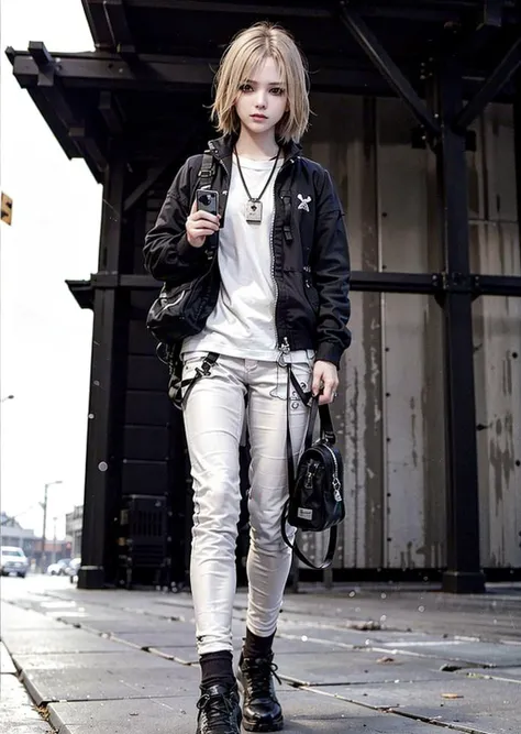 (RAW: 1.6), (far shot), (realistic: 1.6) (mixed american), 
masterpiece, best quality, beautiful clean face, fullbody, 1girl,solo,teenager, wearing white techwear jacket and orange trousers with buckle and tape, (crystal necklace), posing for a picture, (red short hair), long legs, warm smile, carrying a cobalt backpack, on new york street,check cellphone, 
orange clothes,black clothes,red clothes,serioys,honorable,cold,grim,elegant, Mottled light and shadow,Rock singer, 
<lora:avrilLavigneLora_v1:0.6> <lora:urbanSamuraiClothing_urbansamuraiV03:0.6> <lora:koreanDollLikeness_v15:0.3>