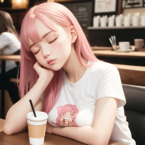 girl leaning her arms on the table, sleeping, in a cafe, long pink hair, cute girl, wearing a short sleeve graphic shirt, large cup
