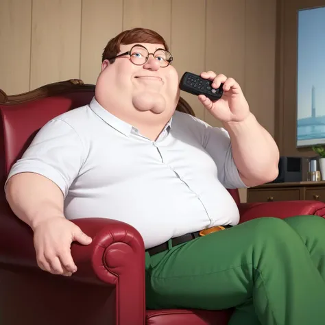 (best quality, masterpiece:1.2), absurdres, cg unity 8k,
peter griffin,  1boy, solo, white shirt, green pants, fat man,
sitting on green recliner, holding tv remote, watching tv in living room,
focus on face <lora:peterGriffin_v10:0.6>