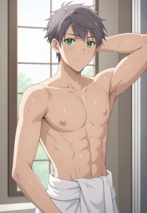 1 boy, male focus, Intricate details, 1 man, handsome, white hair, vibrant green eyes, slim muscles, anime, 19 years old, 19 years old, a small goatee,nudes, huge cock, show you huge cock