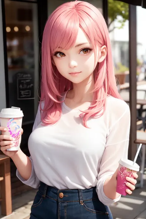 anime girl with pink hair and pink eyes holding a cup of liquid, anime girl drinks energy drink, pink twintail hair and cyan eyes, clean detailed anime style, anime style illustration, detailed portrait of an anime girl, digital anime illustration, anime style portrait, anime style hyper detailed, close up of a young anime girl, low resolution, Seductive Anime Girl
