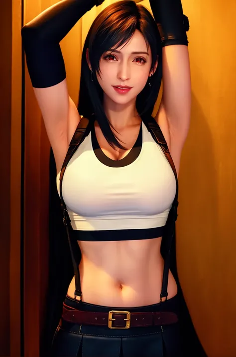 inside a slung area, soft bearing, (8k, best quality, masterpiece:1,2), (realistic, photo-realistic:1,37), top quality, masterpiece, perfect body shape woman with slim abdomen, very short leather pains, beautiful breast, a beautiful woman, beautiful and tight body, tight clothes, cleavage, realistic expression, flawless skin and glowing under the soft and dramatic lighting, bare legs, elegant, approaching perfection, dynamic, highly detailed, stunningly beautiful, detailed hairstyle,
