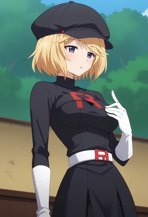 score 7 up, source anime, 1girl, , <lora:PhilphieAingram_16XL:1> Philphie, , <lora:team-rocket-uniform-ponyxl-lora-nochekaiser:1> team rocket uniform, black hat, black shirt, black skirt, white belt, white gloves, single letter,,