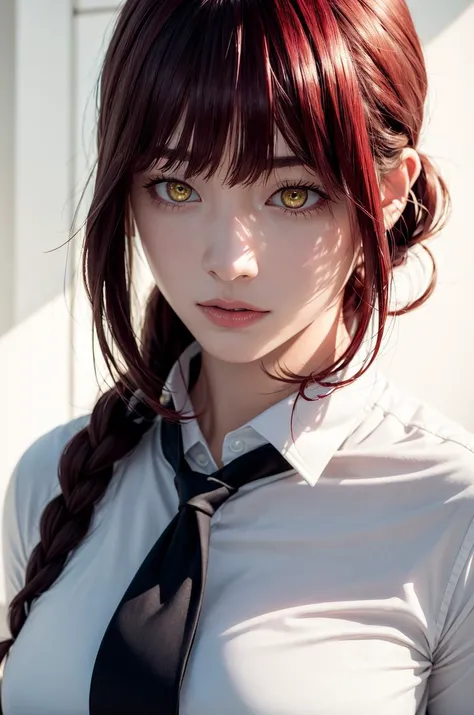 best quality, masterpiece, highres, 8k, photorealistic, original, extremely detailed wallpaper, (ultra-detailed), (best illustration), (best shadow), 1girl, (upper body:1.4), makima, red hair, yellow eyes, standing, braided ponytail, ringed eyes, collared shirt, black necktie, black pants,
