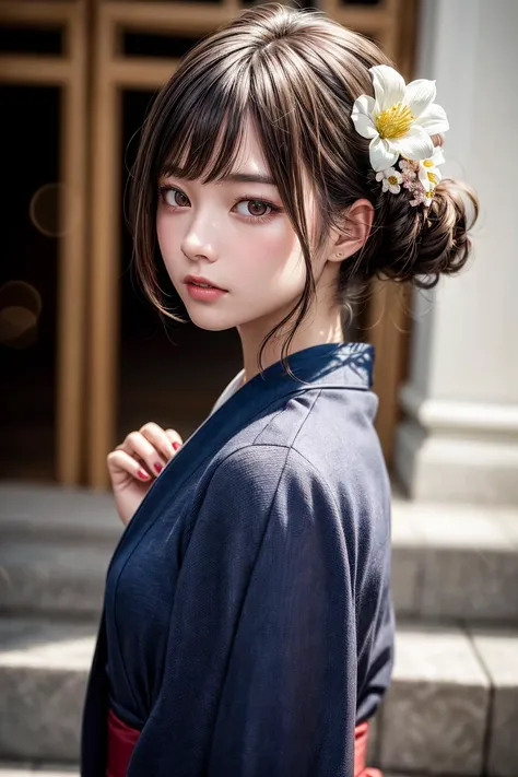 masterpiece:1.4, best quality, beautiful lighting, 1girl,, walking on stairs, shire, temple, flowers, bamboo, flowerly yukata, lucky charm, traditional hair ornament, spring, ultra detailed face, ultra detailed eyes, perfect fingers, perfect nails, skin pores, intricate, high detail, sharp focus, dramatic, beautiful girl , RAW photo, 8k uhd, film grain, caustics, subsurface scattering, reflections, <lora:japaneseDollLikeness_v10:0.20> <lora:add_detail:1>