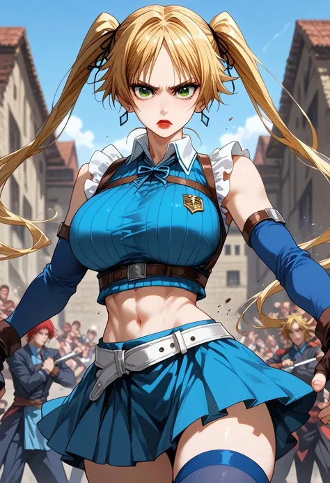 photorrealistic, (4K), Depth of field, (work of art), (textura de pele realista), extremely detaild, intricate, hyper detailled, professional photograpy, bokeh, high resolution, sharp detail, best qualityer, Kizi, long hair, hair blonde, hypdertailed, blue colored eyes, white top, (samurai armor), mitts, knees to chest , dynamic pose, open highway, empty roads, glad, Standing in the middle of the road, Day Light, japanese architecture,