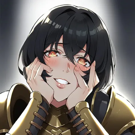 Masterpiece, Best Quality, Coloured image,Hi-Res, source_anime, (good_hands:0.9) ,1 woman, mature woman, MILF, golden eyes, rolling eyes, tongue drop, black hair, short spiky hair, brown skin color, mercenary armor, big breast, muscular body, looking at viewer, standing, from front.stand, outdoor, garden background, daylight , Glossy oily Skin, blushing, climax, dramatic shadows, cinematic sun lighting, (light particles:0.8)