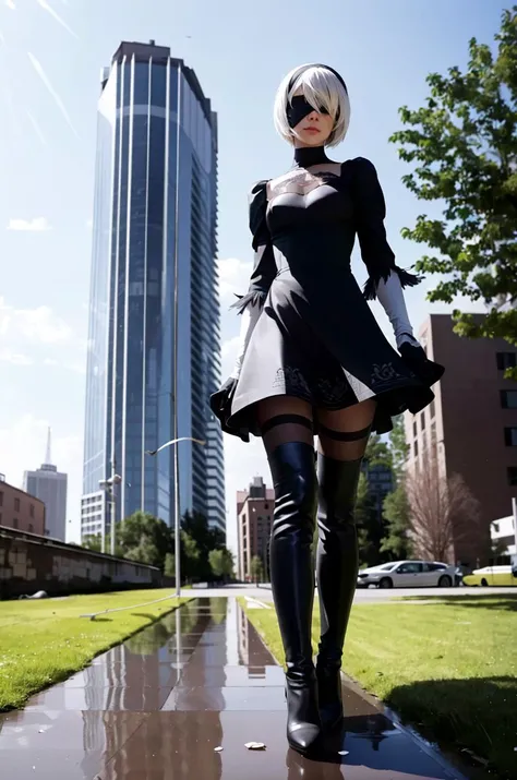 masterpiece, (photorealistic:1.4), best quality, beautiful lighting,
yorha no. 2 type b, 1girl, slit skirt, black blindfold, black dress, black hairband, blindfold, blue sky, boots, building, city, cloud, covered eyes, debris, dress, feather-trimmed sleeves, feather trim, from below, gloves, grass, hairband, high heel boots, high heels, highres, juliet sleeves, katana, leather, leather boots, long sleeves, nier \(series\), nier automata, outdoors, overgrown, post-apocalypse, puddle, puffy sleeves, rubble, ruins, scenery, sky, thigh boots, thighhighs, thighhighs under boots, water <lora:yorha_noDOT_2_type_b:0.65>
RAW photo, 8k uhd, film grain