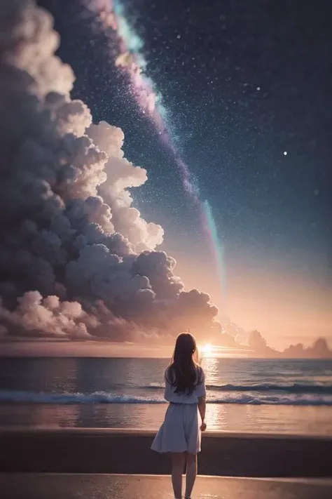 Create a dreamy retro artwork inspired by The never ending story .' Incorporate the following elements: retrowave vibes (retro:0.8), dreamy atmosphere ,surreal,(ethereal:0.9), a retro girl silhouette:1.2, looking over shoulder, from behind, evening sunset reds, pink, and orange,(split sunny and clear on one side stormy and dark on other half of picture), (mysterious:0.9, silhouette:0.85, sleek:0.8, pose:0.75, long hair:0.7), soft color palette (pastel:0.900, muted tones:0.8, subtle shades:0.8, calming:0.75, gentle:0.7), and analog film texture (grainy:0.9, film strip:0.6, light leaks:0.8, retro aesthetic:0.75, vintage vibe:0.7). Let the artwork evoke a sense of nostalgia and serenity