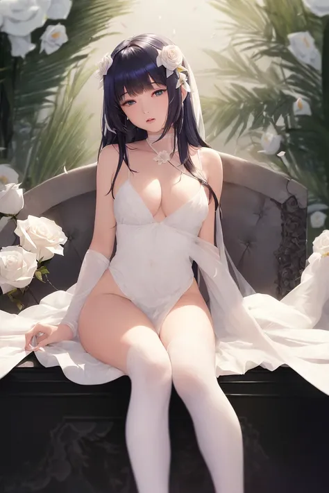 masterpiece, best quality, 1girl, cute, beautiful, young, stunning, bangs, bare_shoulders, black_flower, black_rose, blue_hair, blue_rose, breasts, cleavage, dress, flower, holding_flower, (small_breasts), long_hair, parted_lips, purple_eyes, purple_hair, rose, sitting, solo, strap_slip, thigh_strap, thorns, very_long_hair, ((((white_flower, white_rose)))), frilled_choker, arm_up, pink_nightgown, sleepwear , mirror , (((petals, falling_petals))), bright, relaxing, happy, shy, pendant, garter, ((((evening)))), (lamp, warm light, golden_sun) , ((chaise_longue)), sitting, blurry_background, blurry_foreground , hand_on_own_head, looking_away, canopy_bed , squinting , (white_stockings), ((coffin))<hypernet:anime:1.0>