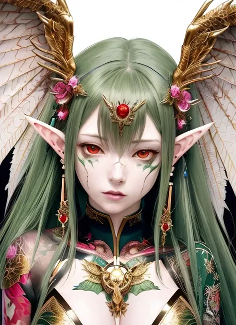 watercolor \(medium\), carne griffiths, yuko shimizu, masterpiece portrait, extreme details, (((nature goddess))), 1girl, tight bodysuit, (pale skin:1.3), beautiful eyes, closed mouth, (illustration), medium breasts, green|brown feather wings, elf ears with multiple earrings (character focus), ((perfect anatomy)), (((extreme detail))), in negative space, crouched hands on floor, detailed background