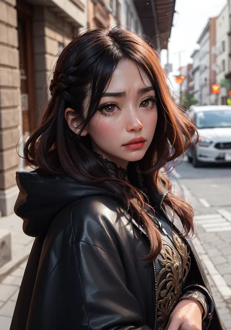 beautiful, masterpiece, best quality, hiqcgbody, anime, 1girl, sam yang, hooded cloak, curved dagger, mascara, frown, cross, auburn french braid, portrait shot, looking at viewer, glossy lipstick, outdoors, intricate details,<lora:hipoly3DModelLora_v10:0.5> <lora:samdoesartsSamYang_normal:0.5>