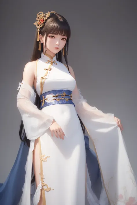 masterpiece,(xianxia:1.3),(Wuxia:1.2),Justice Online style,1 girl,standing,Ancient Scholars,Slender, intelligent, elegant, /+/+/+/,Chinese Clothing(White top:1.2, blue skirt1.2),Book Scroll, /+/+/+/,(simple background:1.2), white background,